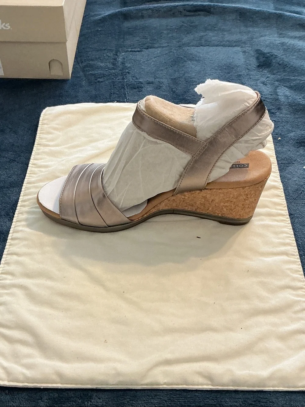Clarks Metallic Silver Wedge Sandals with Cork Heel